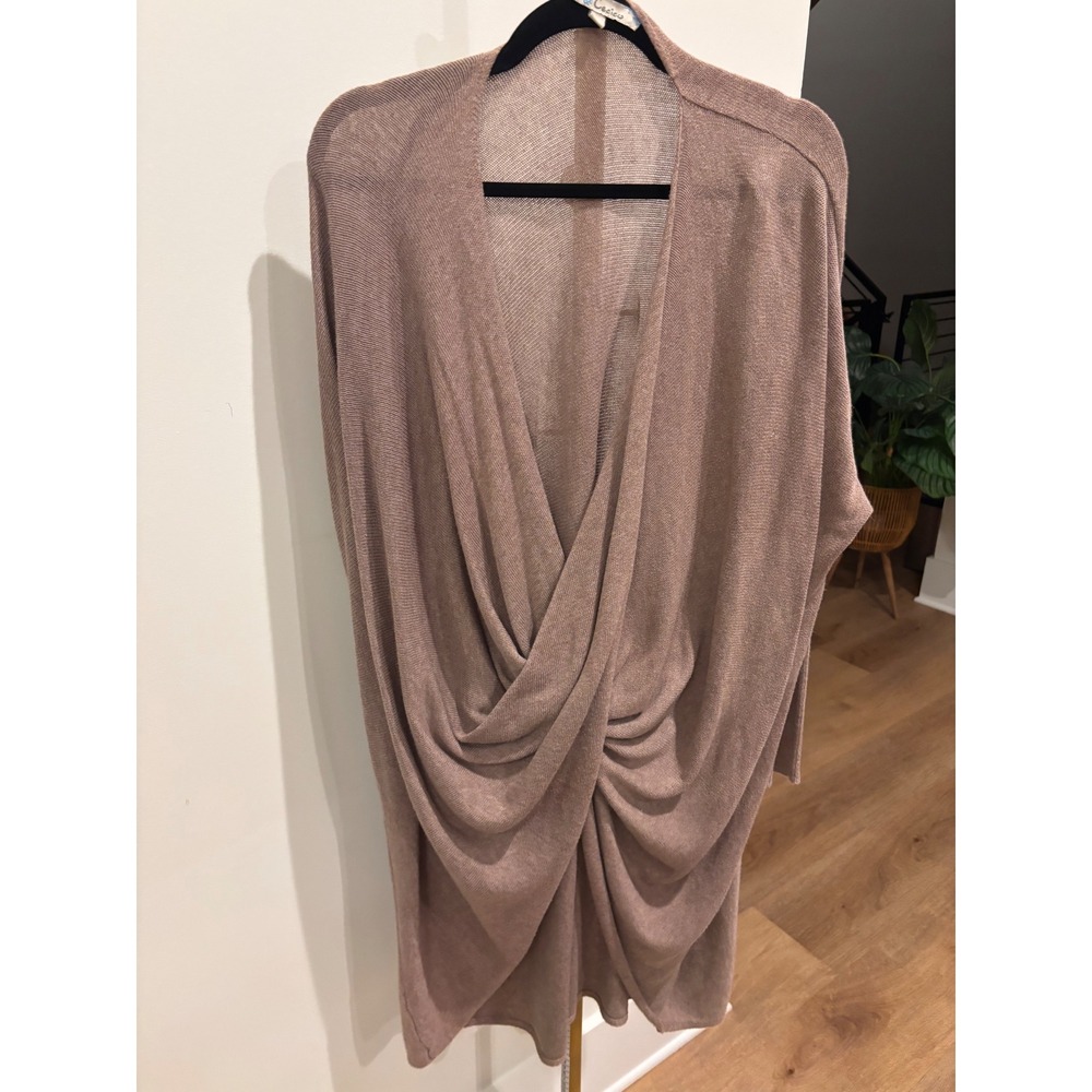 Cecico Women Mauve Taupe Draped‎ Twist Front Open Cardigan Fine Knit Sweater L